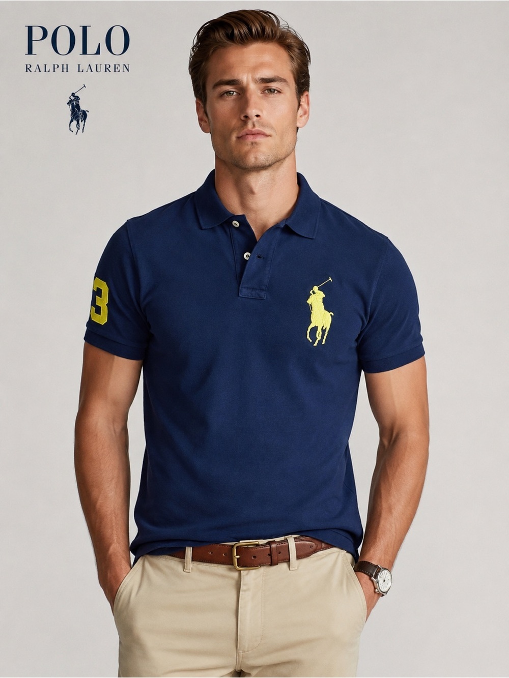 Polo by Ralph Lauren Men’s Navy Polo with Bright Yellow Pony Y2K